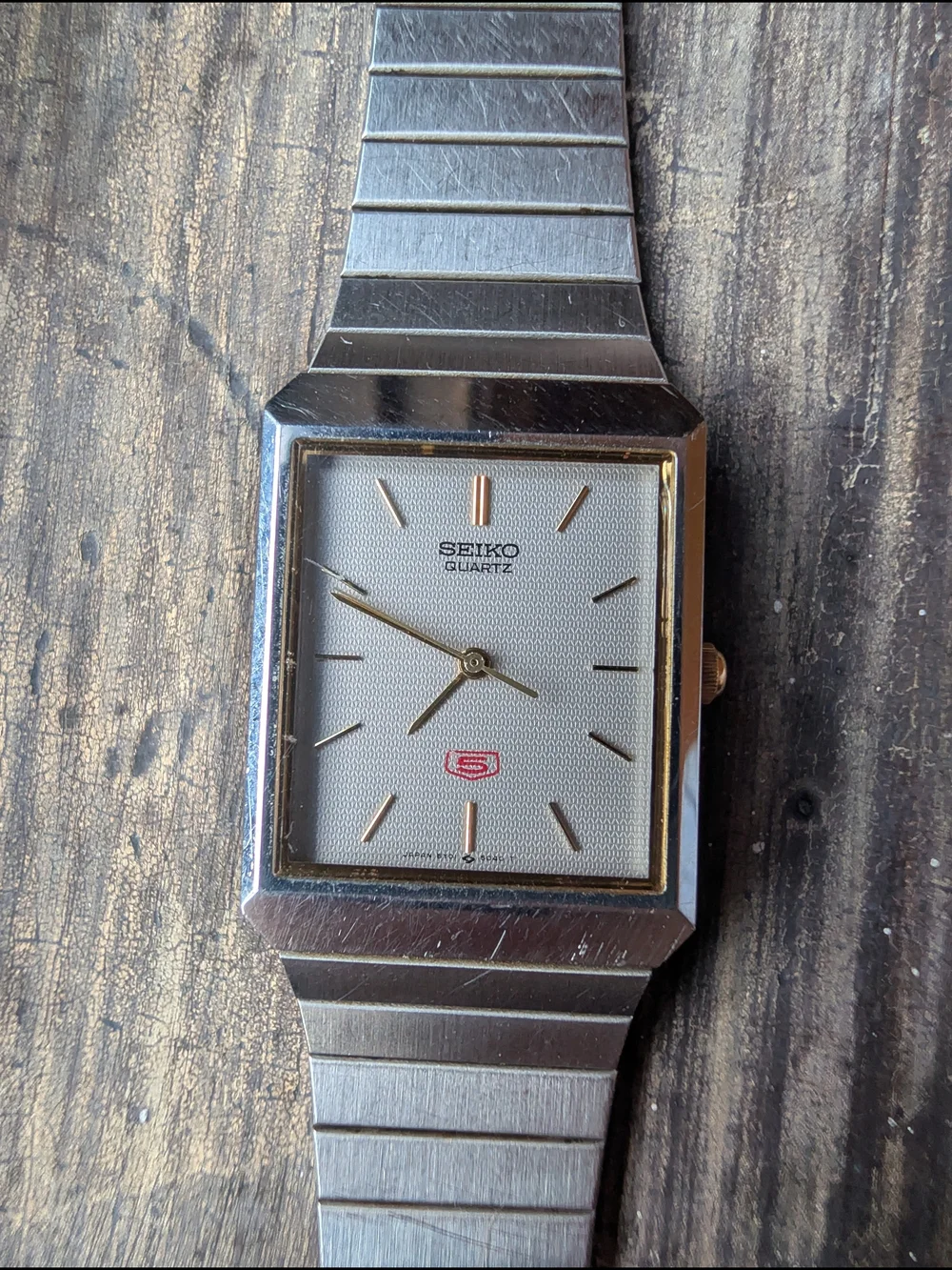 Seiko 5 Quartz Tank Watch Mens - Silver Dial Stainless Bracelet
